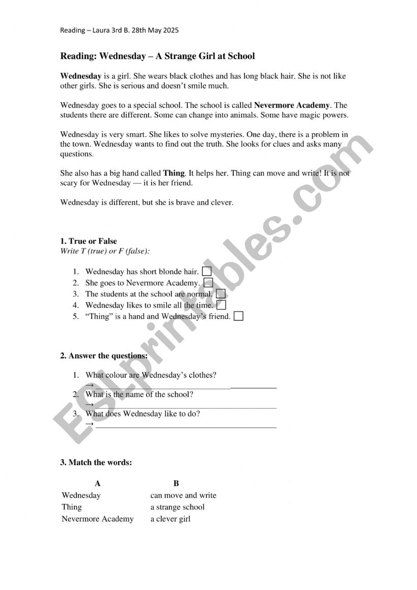 Reading1 worksheet