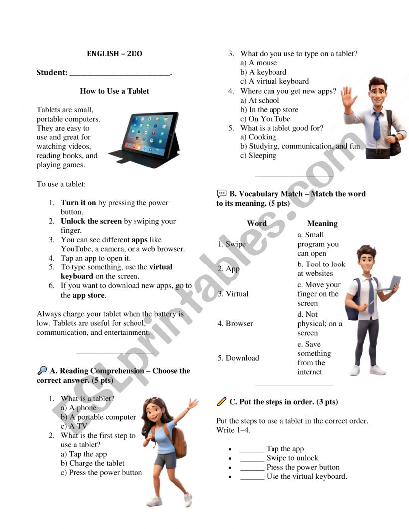 Reading - How to use a tablet worksheet