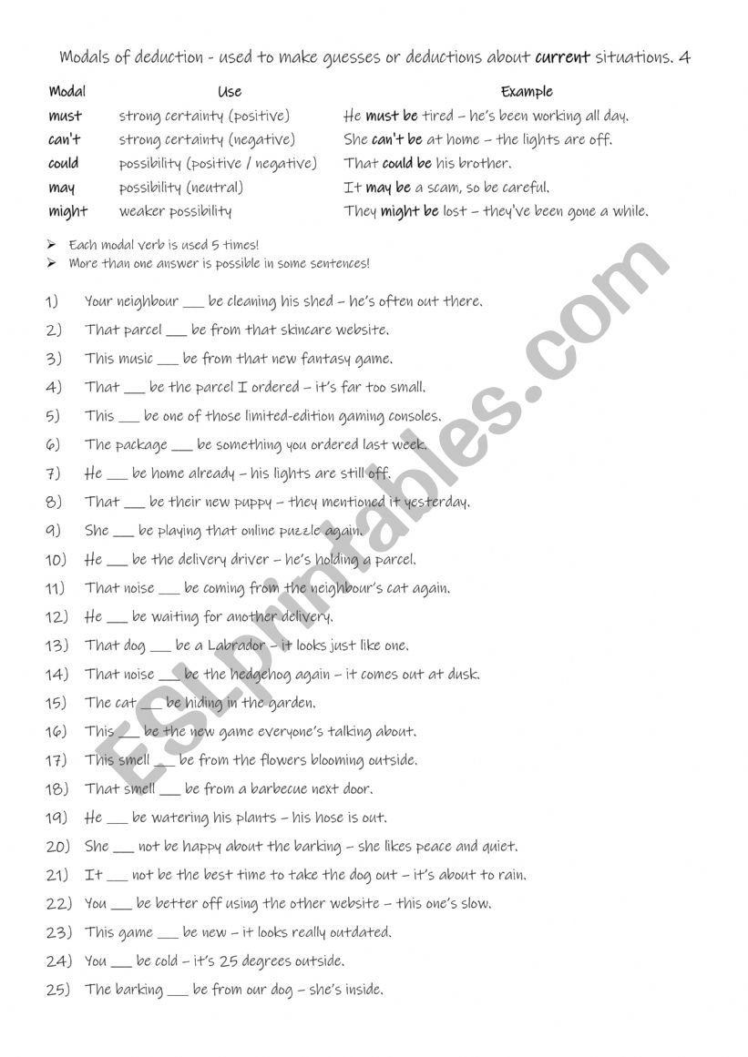 Modals of deduction - used to make guesses or deductions about current situations. 4
