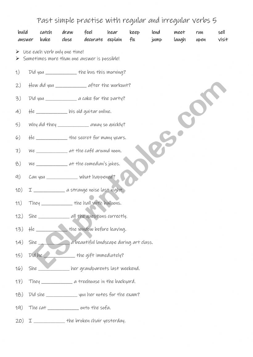 Past simple practise with regular and irregular verbs 5