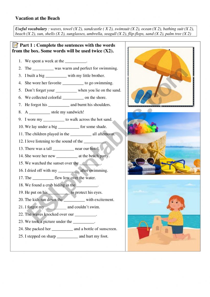 Vacation at the beach worksheet