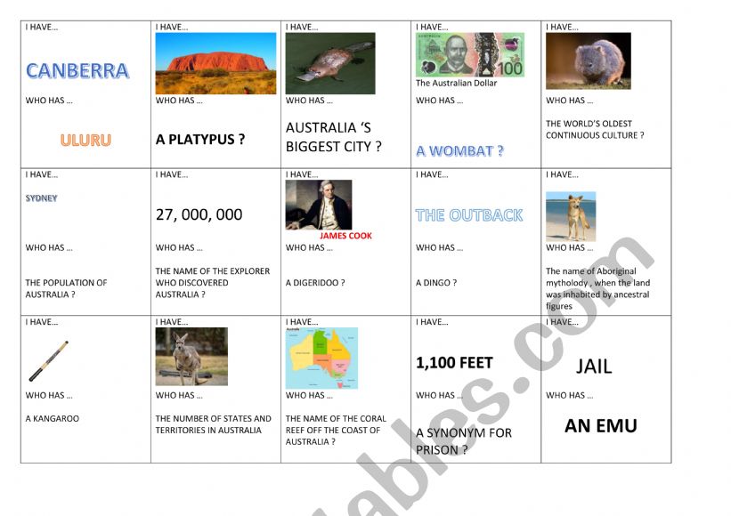 I HAVE WHO HAS AUSTRALIA 30 CARDS