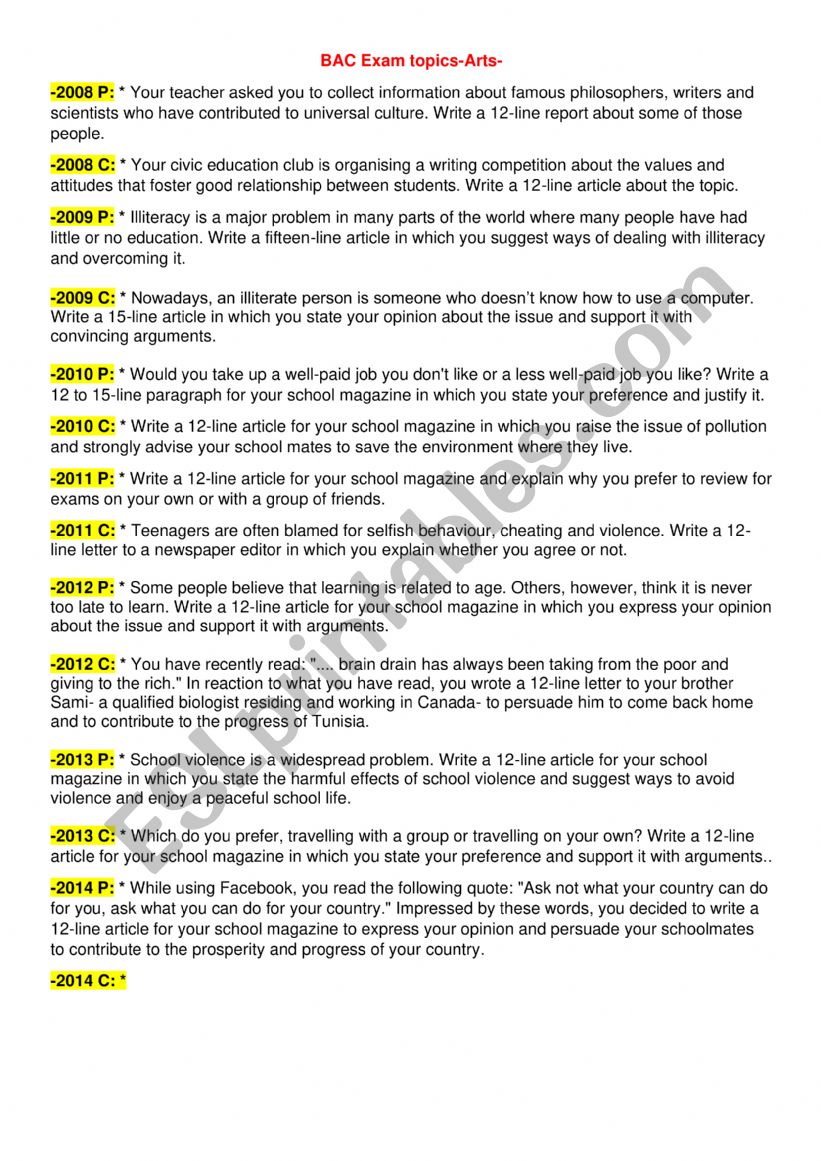 baccalaureate Exam topics ( Art section) from 2008 to 2024