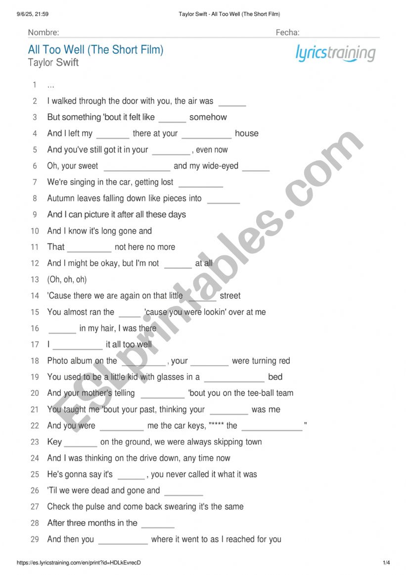 All Too Well (Lyrics) worksheet