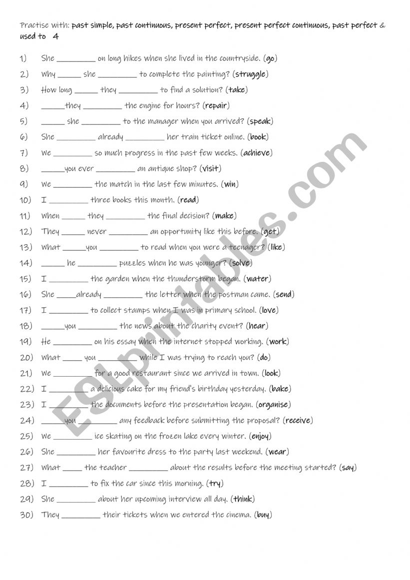 A2+-B1 Practise with past simple, past continuous, present perfect, present perfect continuous, past perfect & used to   4