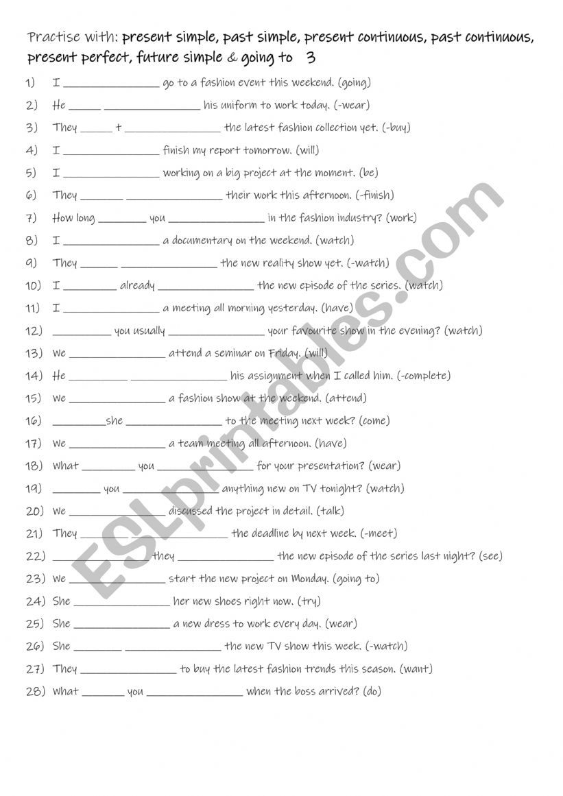 A2-B1 Practise with present simple, past simple, present continuous, past continuous, present perfect, future simple & going to  3