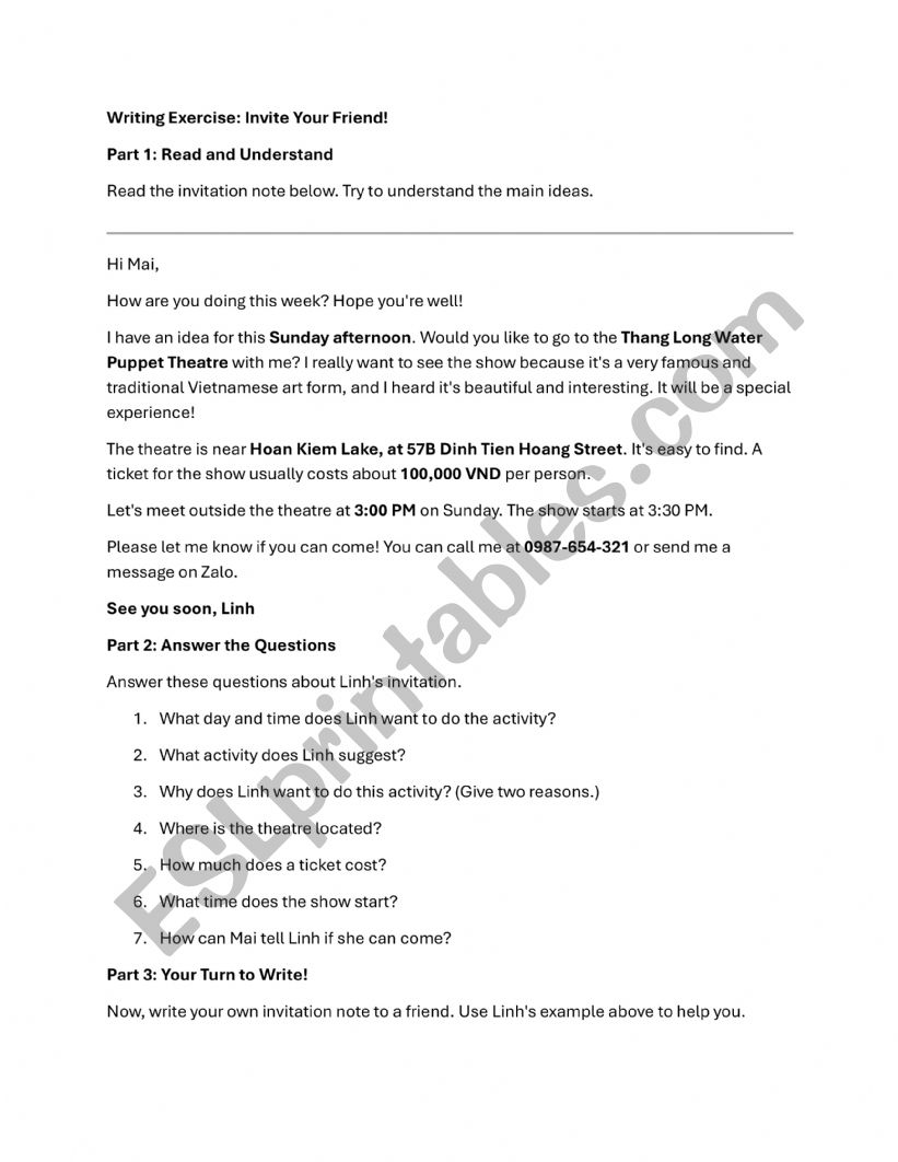 Writing - Invitation worksheet