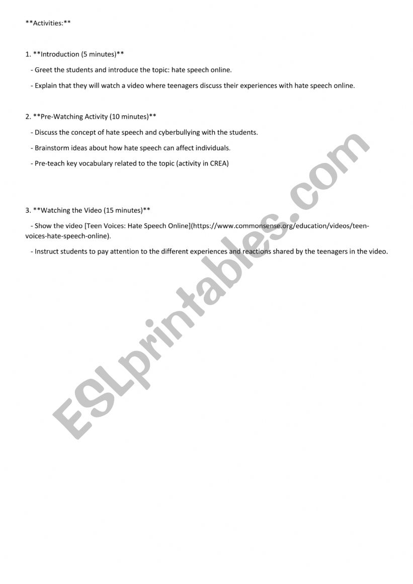 Hate Speech Online worksheet