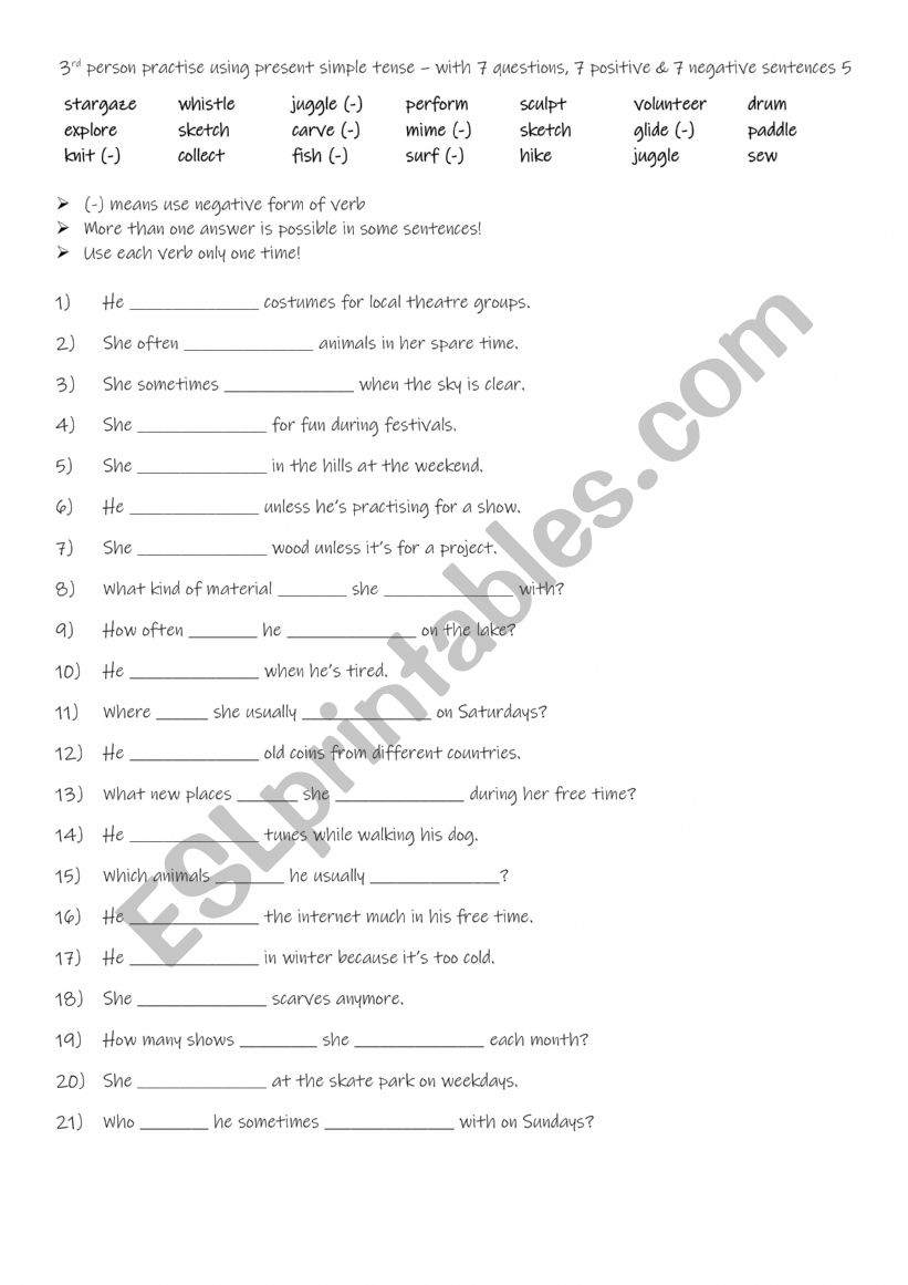 3rd person practise using present simple tense  with positive & negative sentences + questions 5