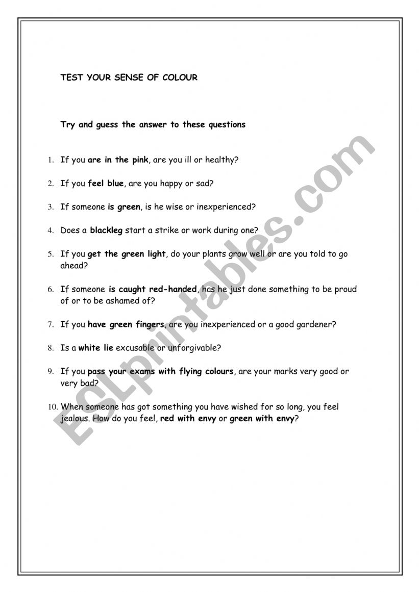 TEST YOUR SENSE OF COLOUR worksheet