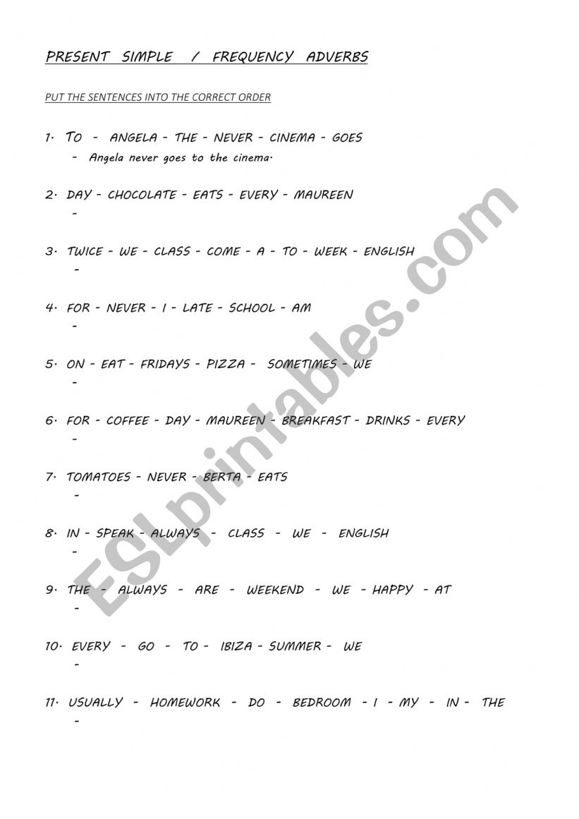 PRESENT SIMPLE WORD ORDER worksheet