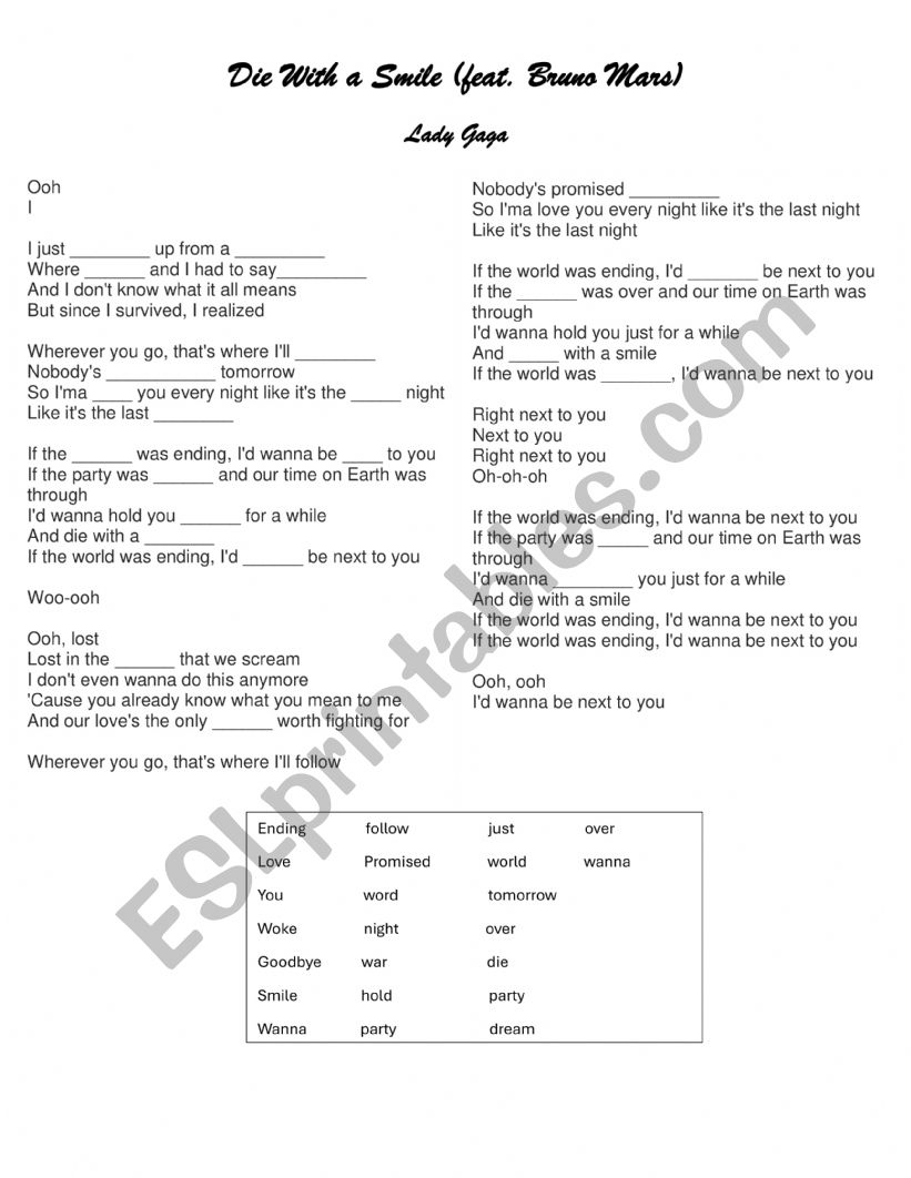 DIE WITH A SMILE WORKSHEET worksheet
