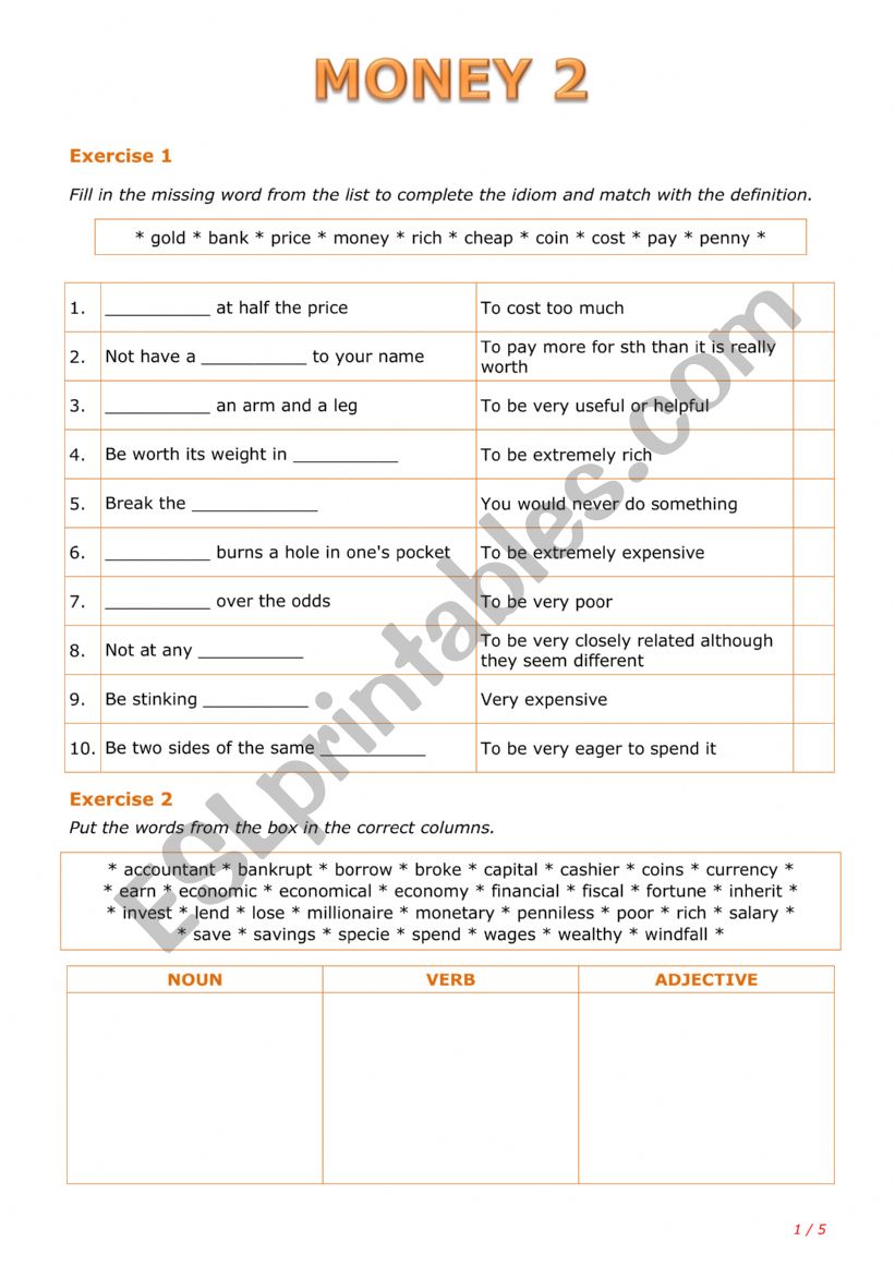 Money 2 worksheet