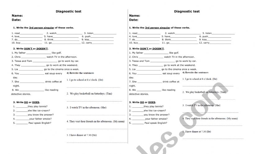 Diagnostic test worksheet