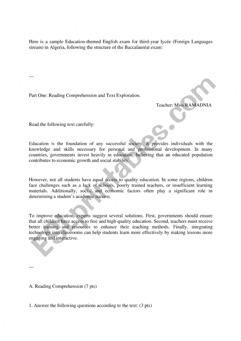 exam  worksheet