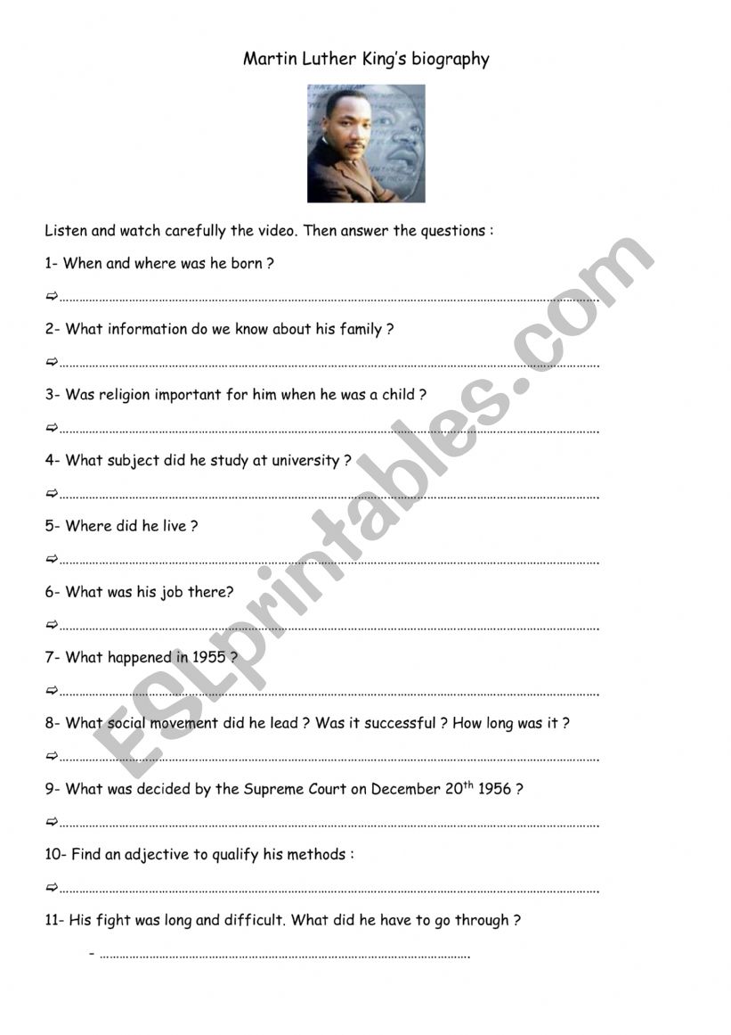 Martin luther king biography worksheet