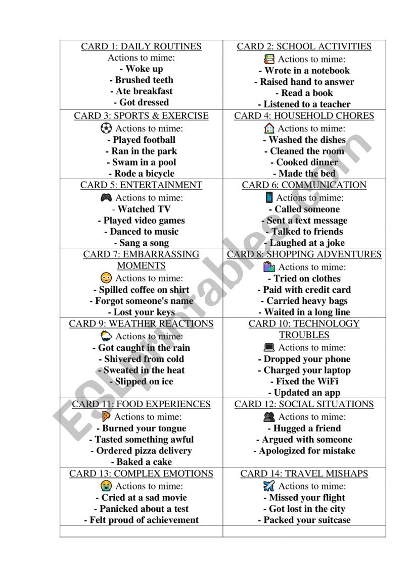 Miming Game worksheet