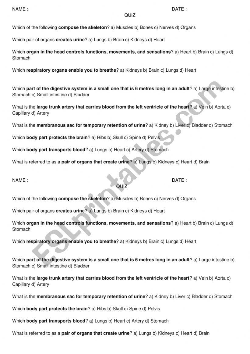 Body organs quiz worksheet