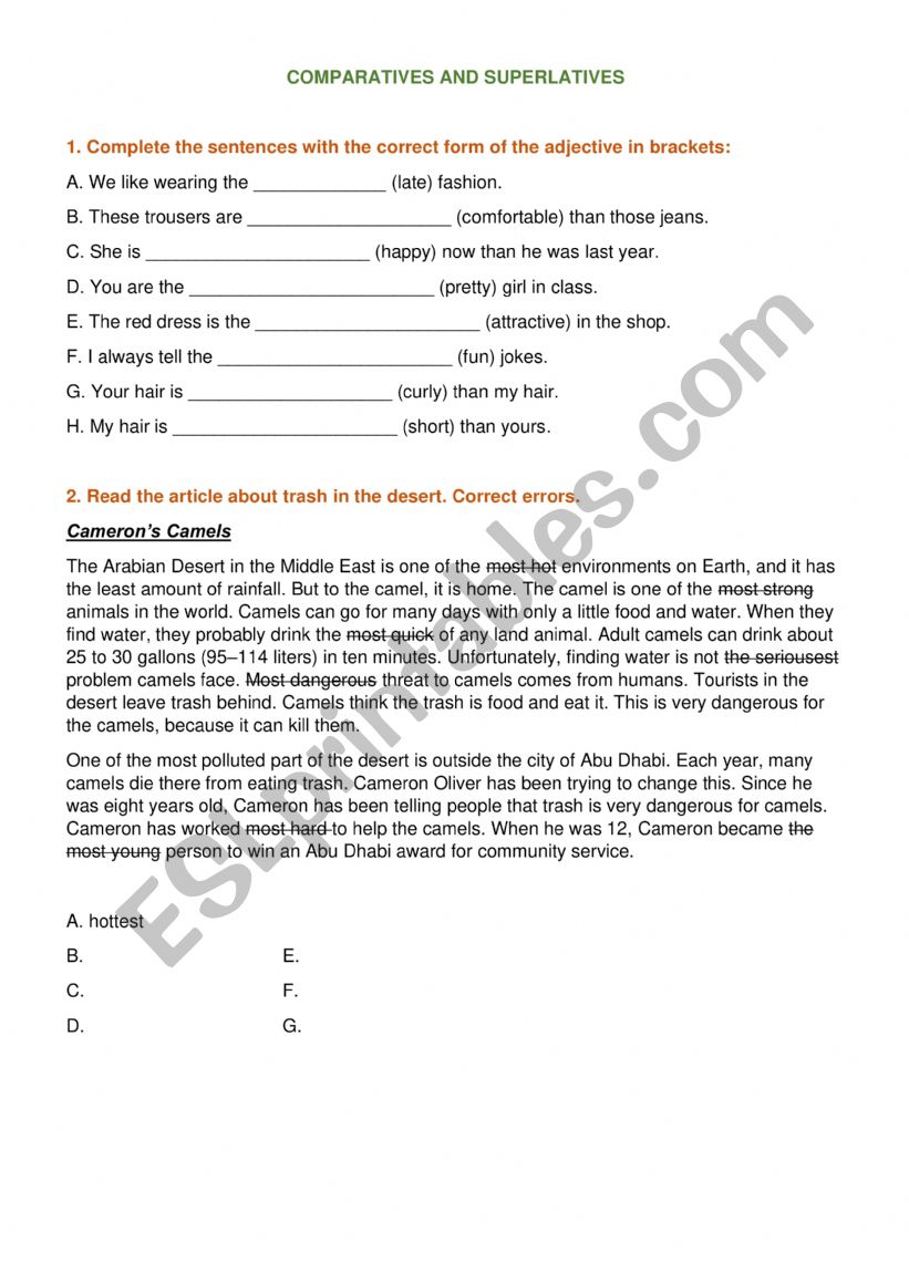 Comparatives and superlatives worksheet