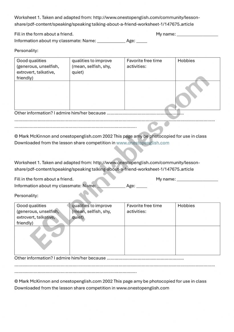 Personality traits worksheet