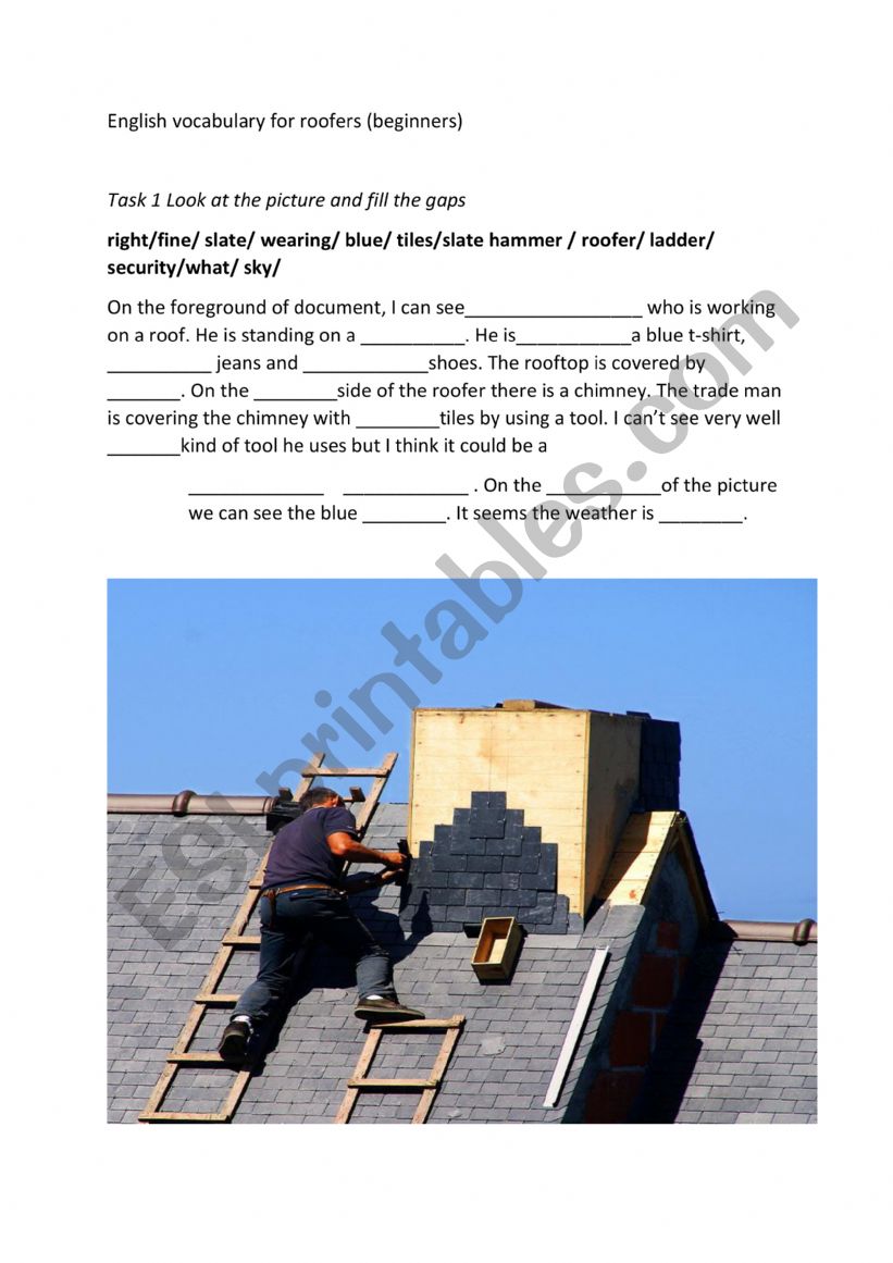Roofing vocabulary- NVQ worksheet