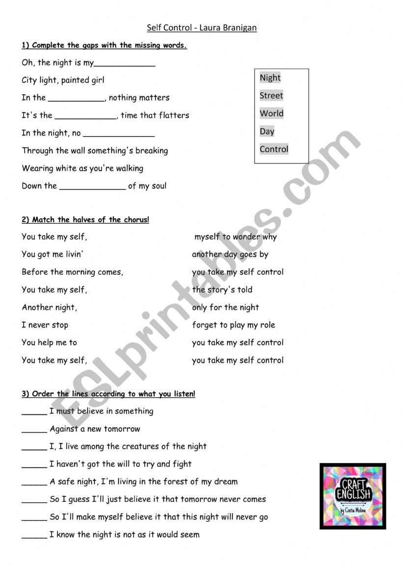 Self control song worksheet