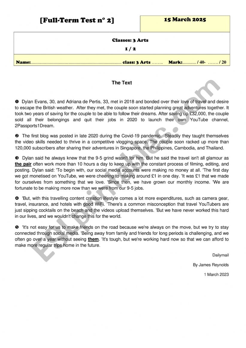 full term test N 2  3rd Form Arts