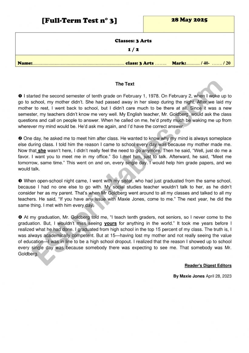 Full Term Test N 3  worksheet