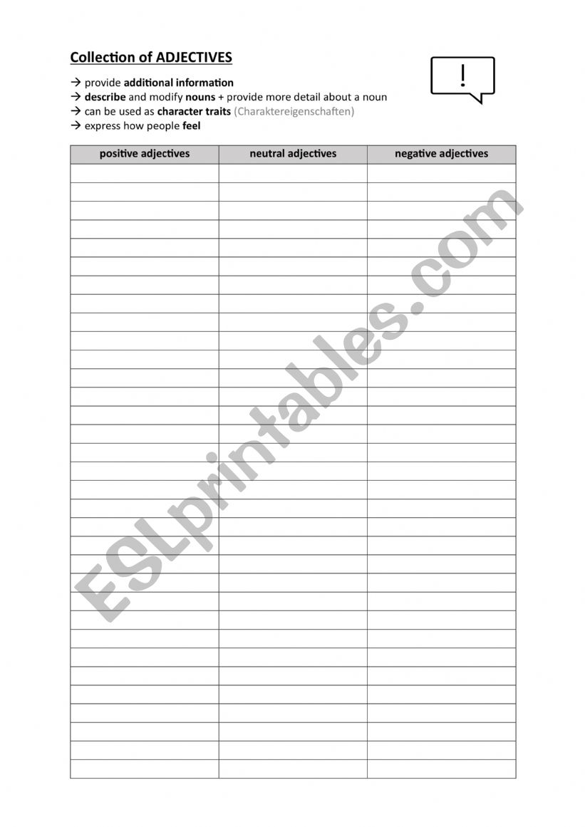 Adjective collection worksheet