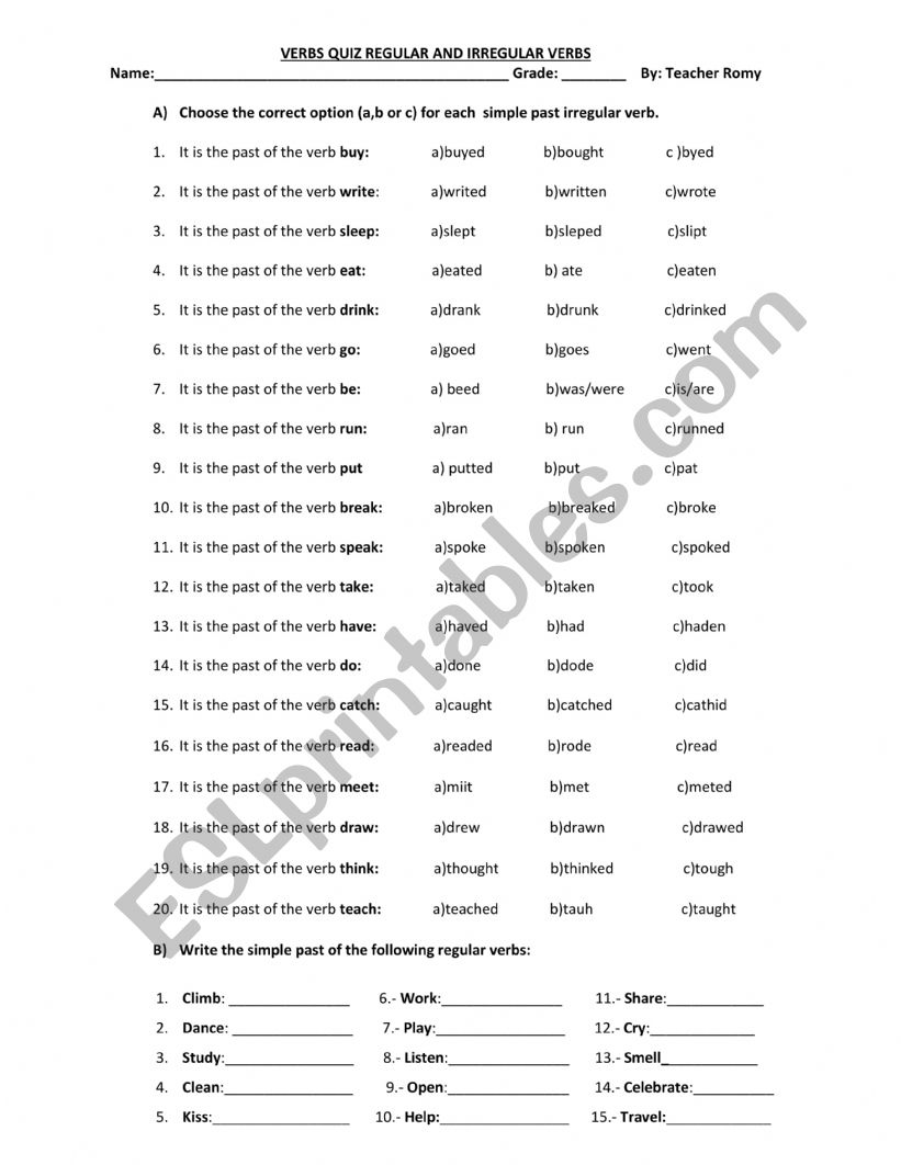 Regular and Irregular Past Verbs Quiz 