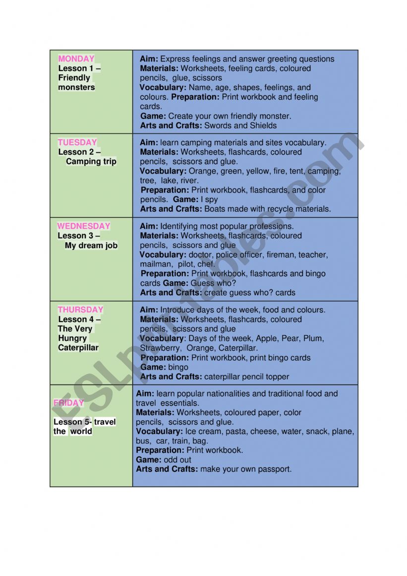 summer camp plans worksheet