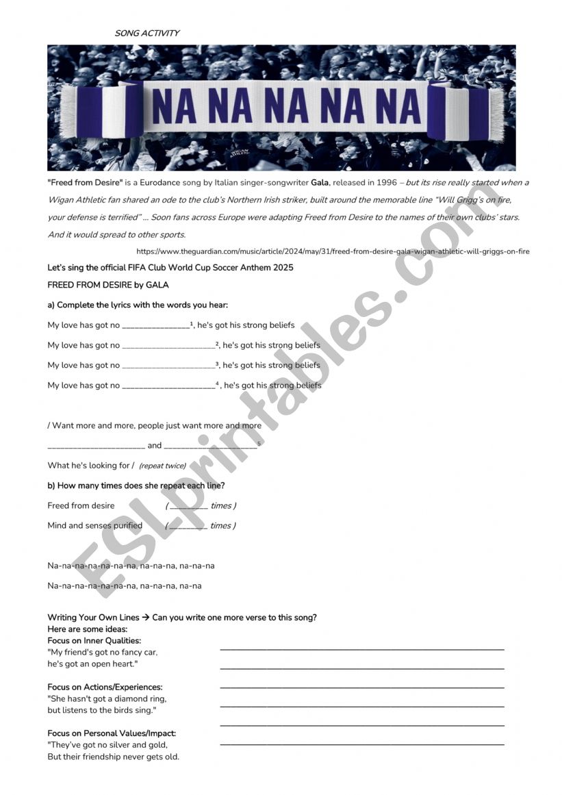 Song Freed from Desire worksheet