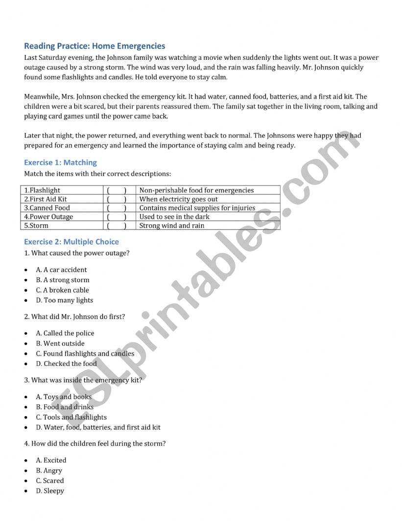 Home emergencies, reading practice