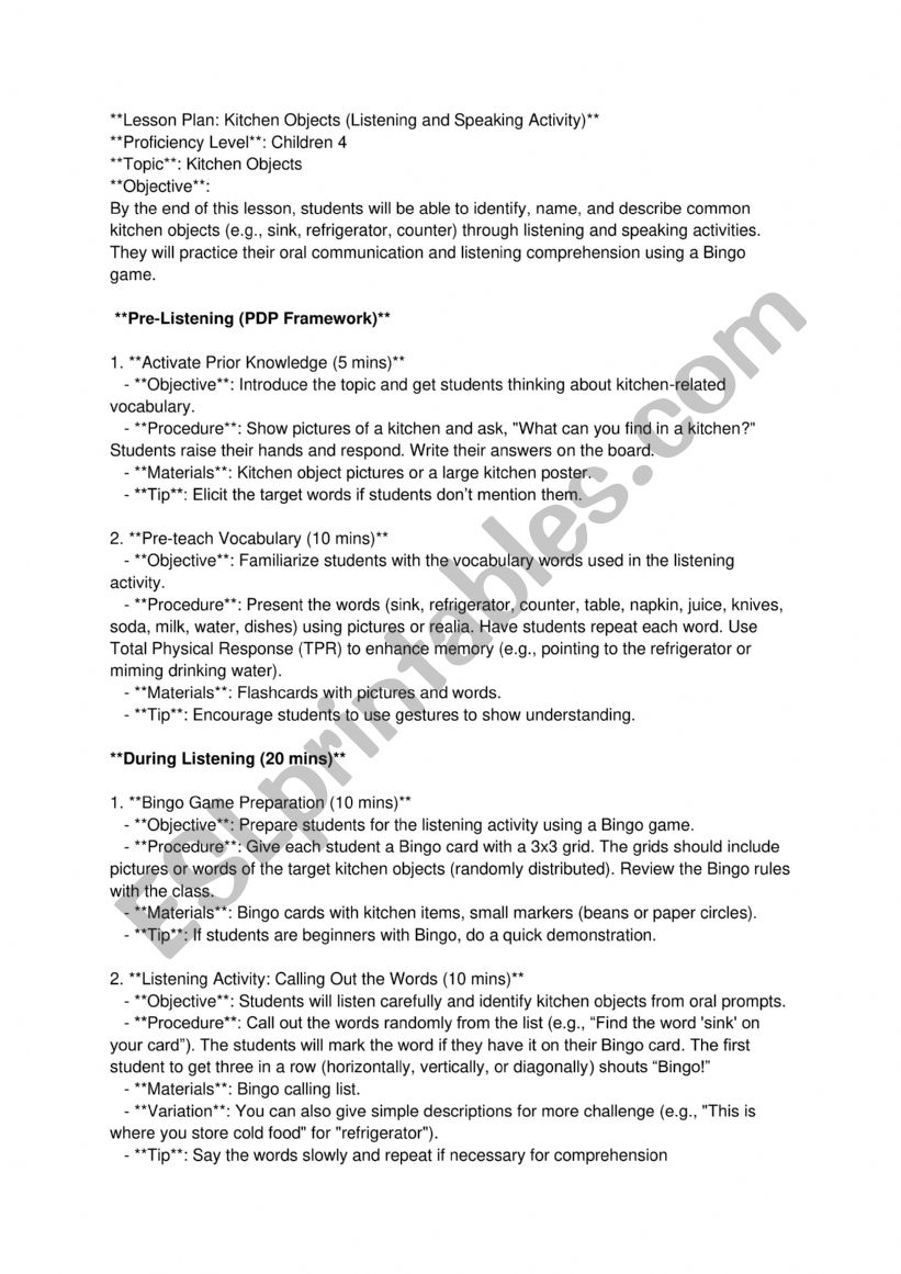 BINGO ACTIVITY KITCHEN ITEMS worksheet