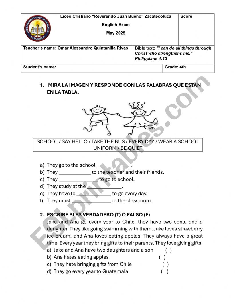  Exam 4TH grade worksheet