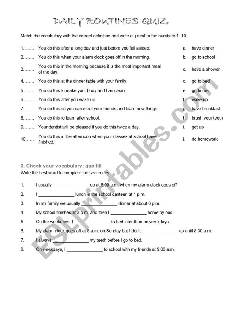 Everyday Routines quiz worksheet