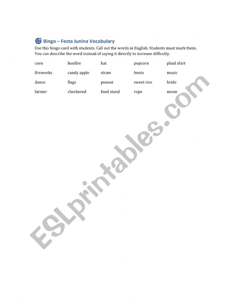Bingo worksheet
