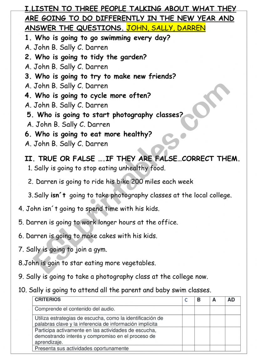 liatening activity worksheet