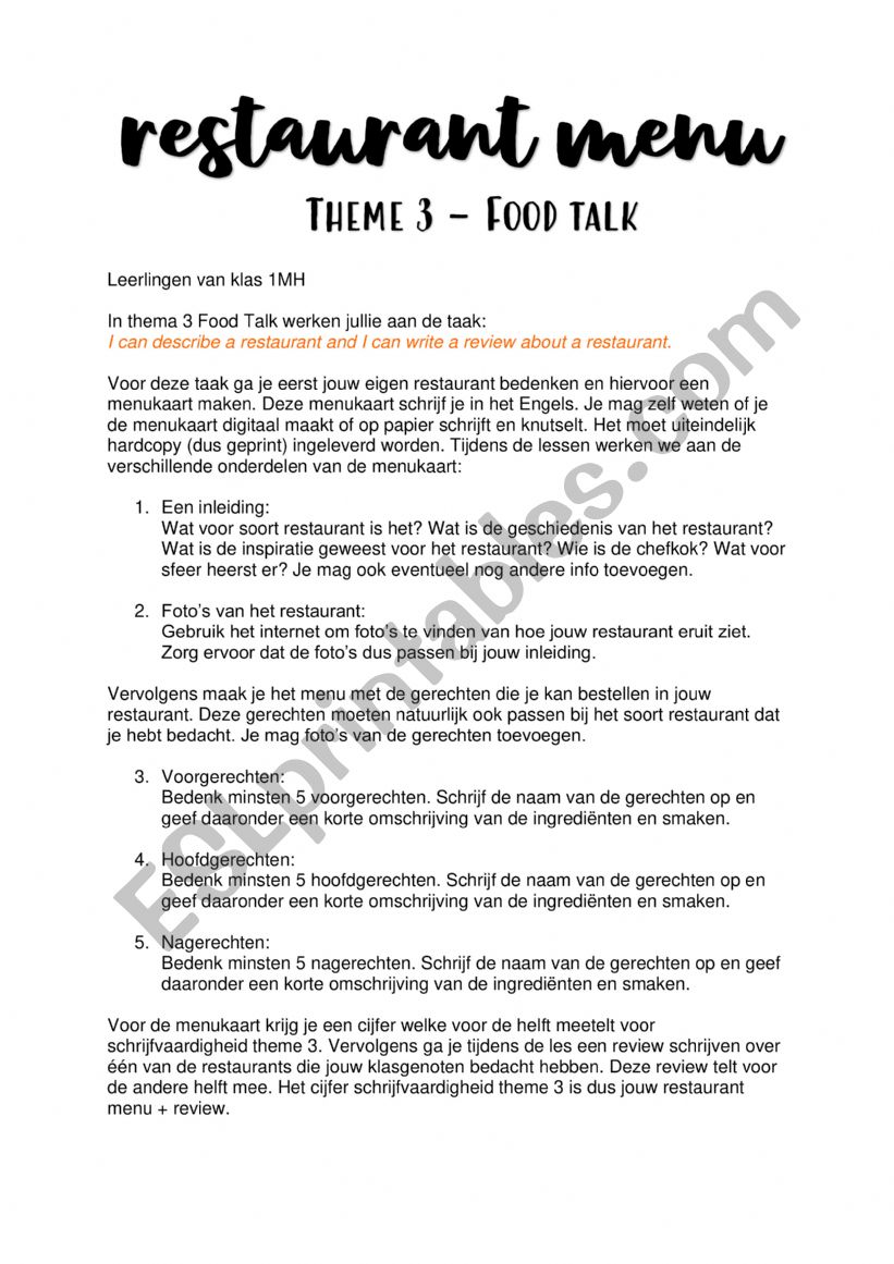 Create a menu card worksheet