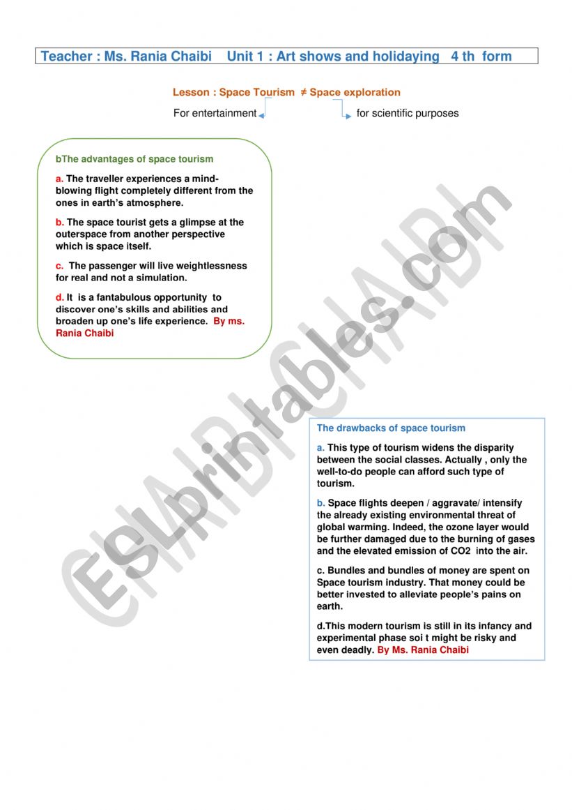 space tourism   unit 1 worksheet