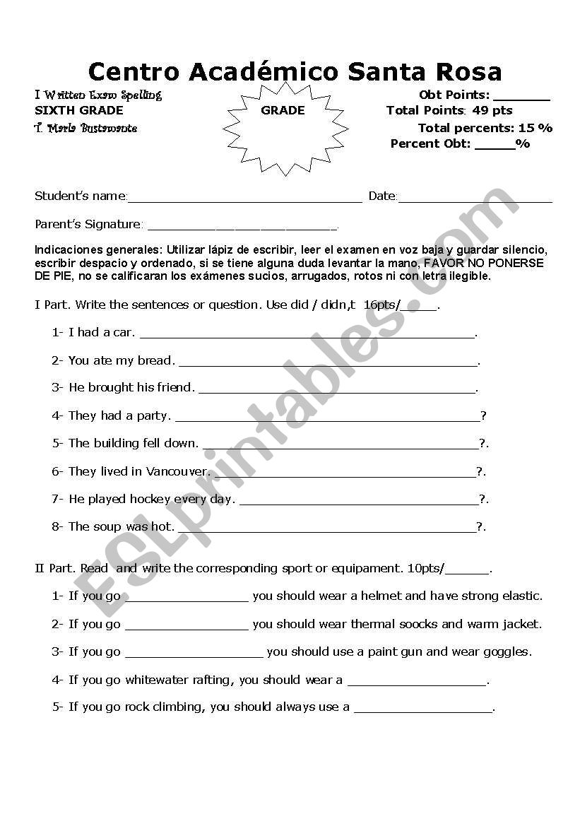 Spelling Test   Sixth grade worksheet