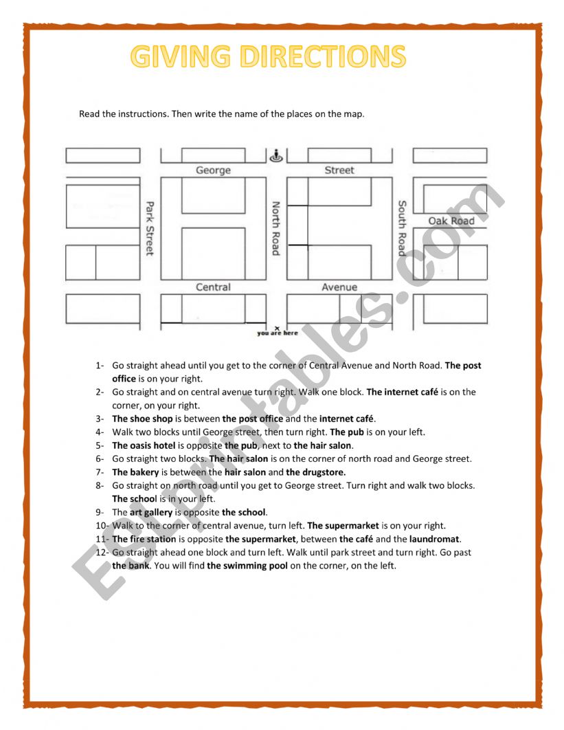 GIVING DIRECTIONS worksheet