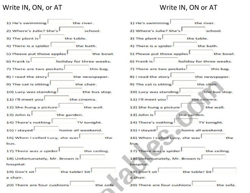 in, on at worksheet
