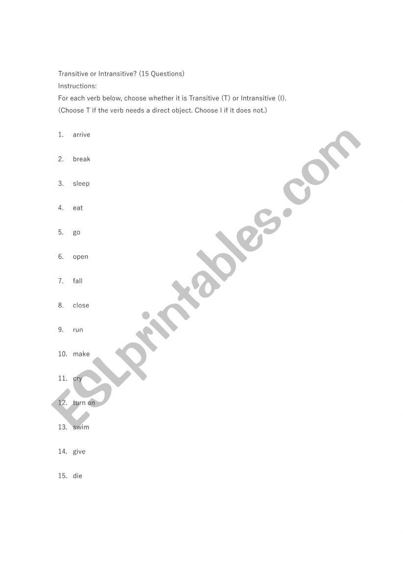 Transitive or Intransitive? worksheet