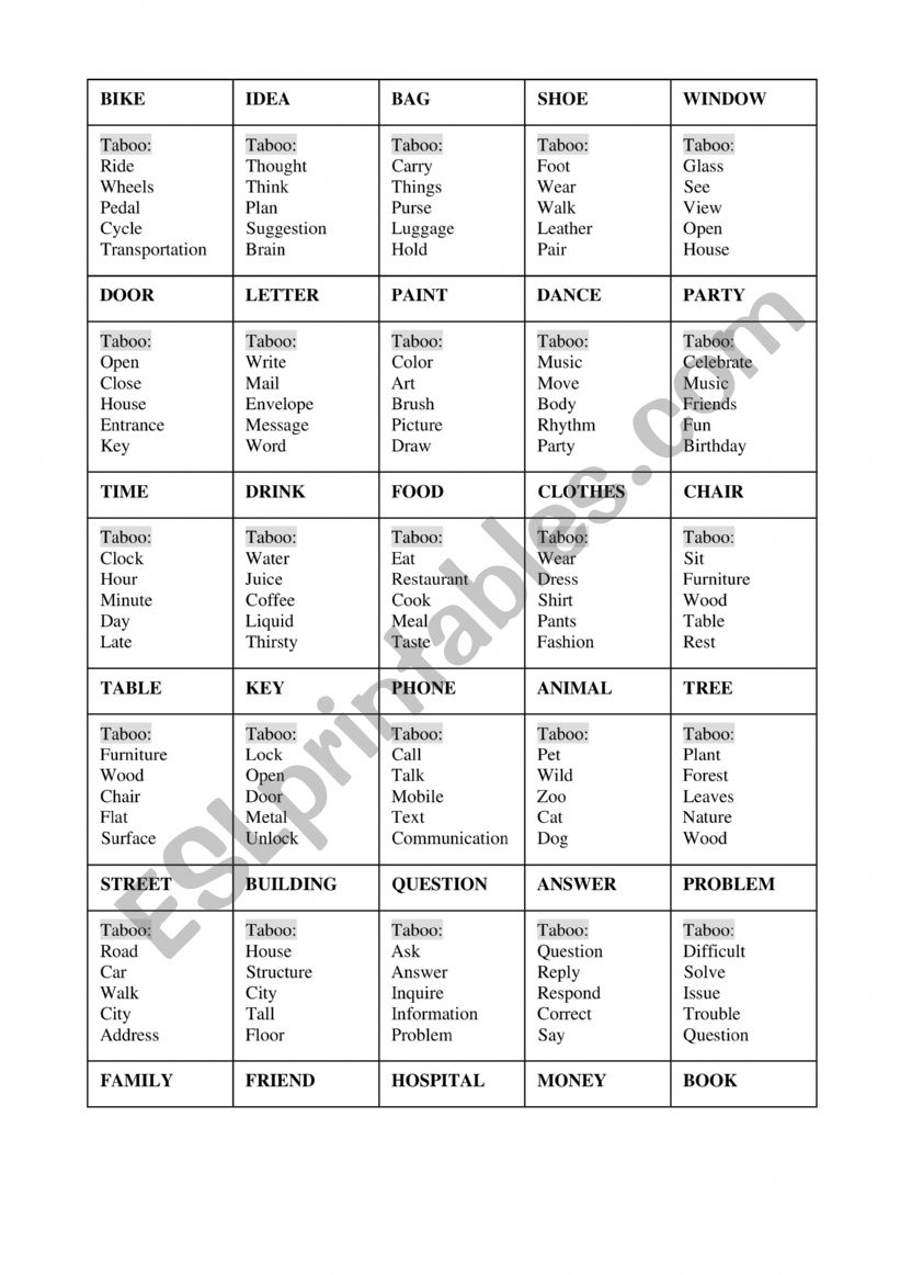 Mixed vocabulary Taboo cards worksheet