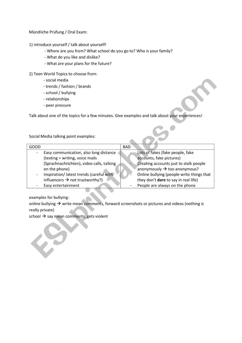 Oral Exam 10th Grade Germany (English Class) 