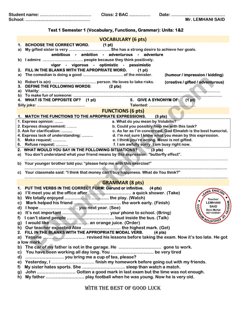 TEST FOR 2 BAC worksheet