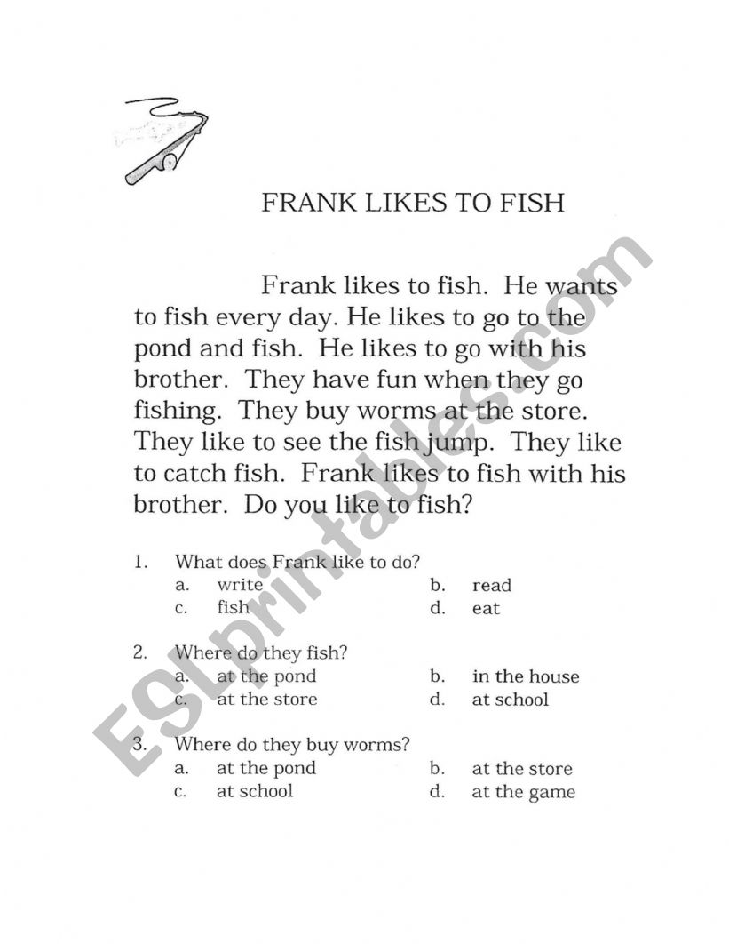 Fran likes to Fish worksheet