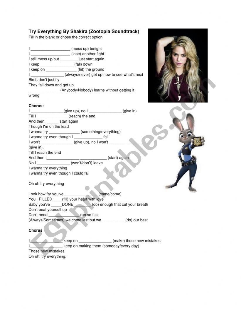 Try Everything Shakira worksheet