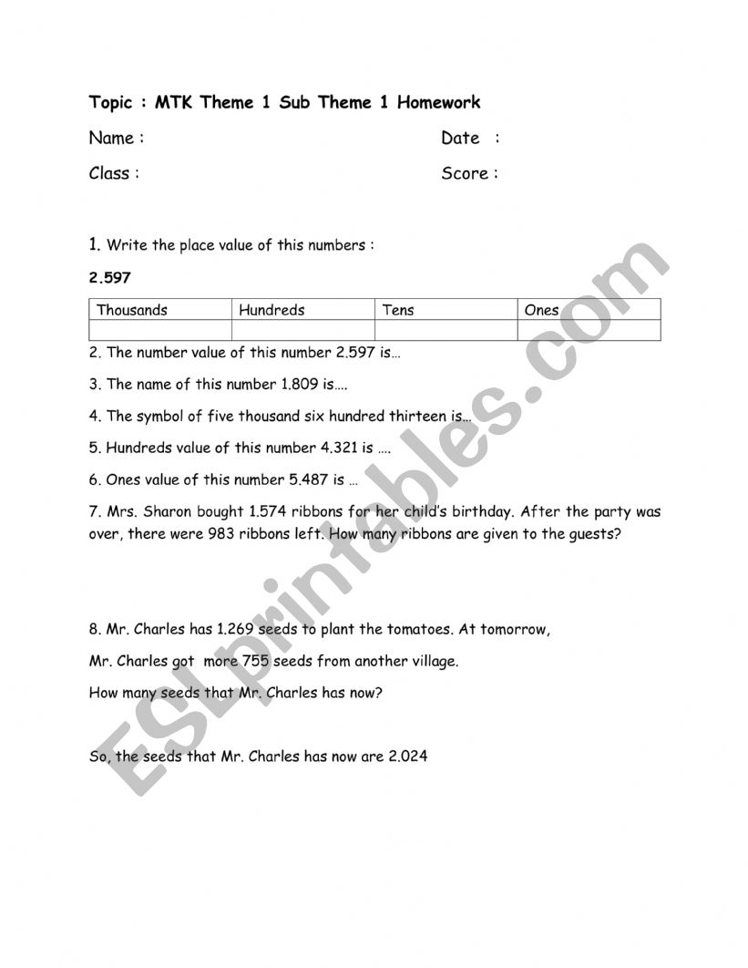Place Value worksheet